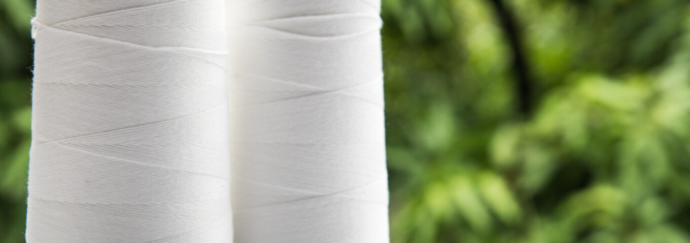 Raw white polyester FDY yarn spool with green blurred background
