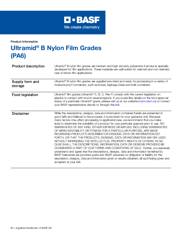 Thumbnail of document BASF Ultramid B Nylon Typical Film Properties