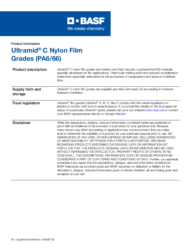 Thumbnail of document BASF Ultramid C Nylon Typical Film Properties